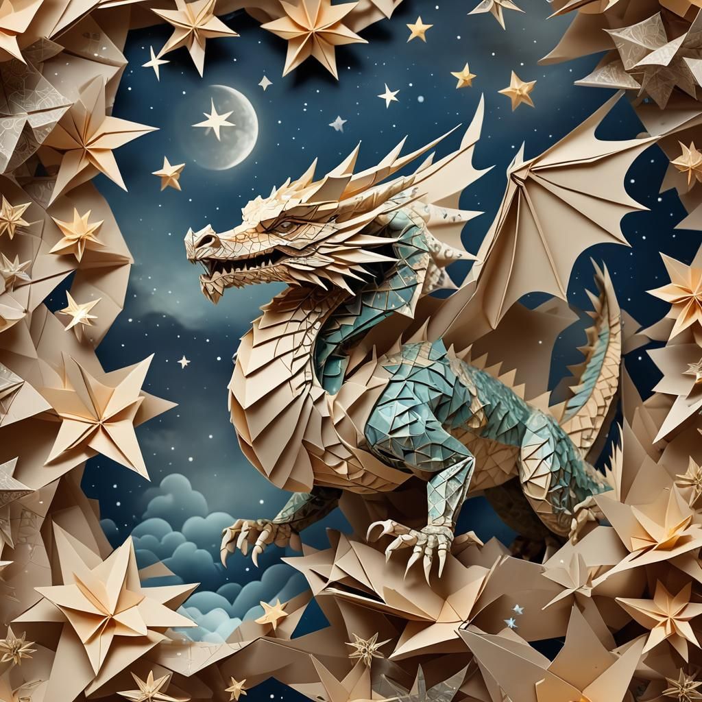 Majestic Origami Dragon Soaring in Starry Sky
