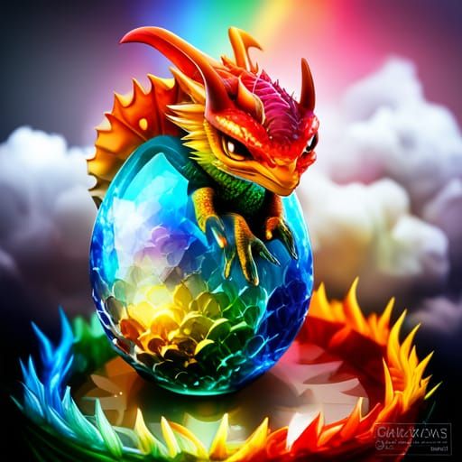 "Beautiful, awe striking , detailed , realistic rainbow crystal baby dragon with crystal scales hatching out of a rainbo...
