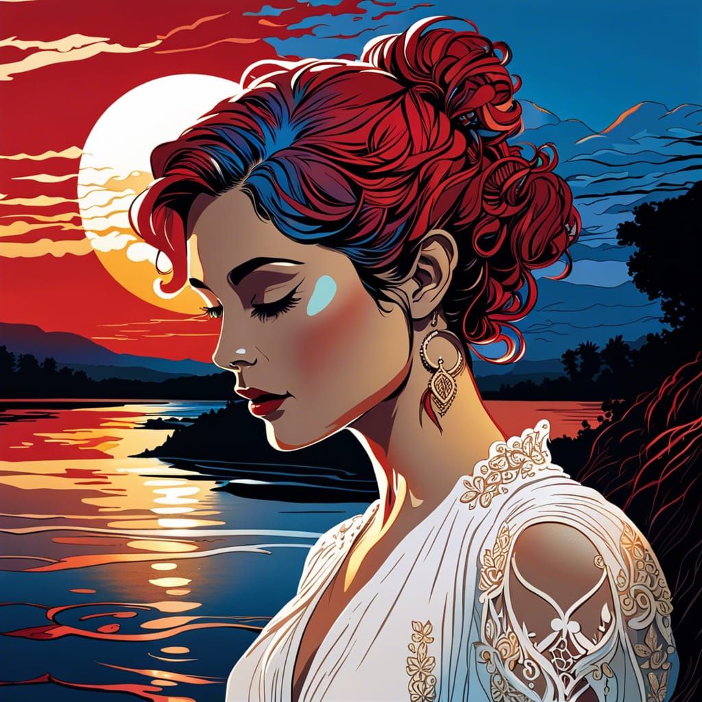 Inkpunk Woman in River at Sunset Illustration