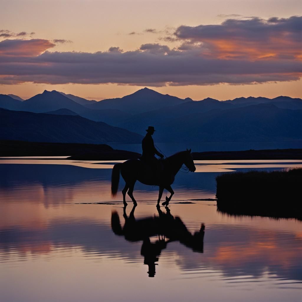 Ethereal Rider on Horseback by Lake at Twilight