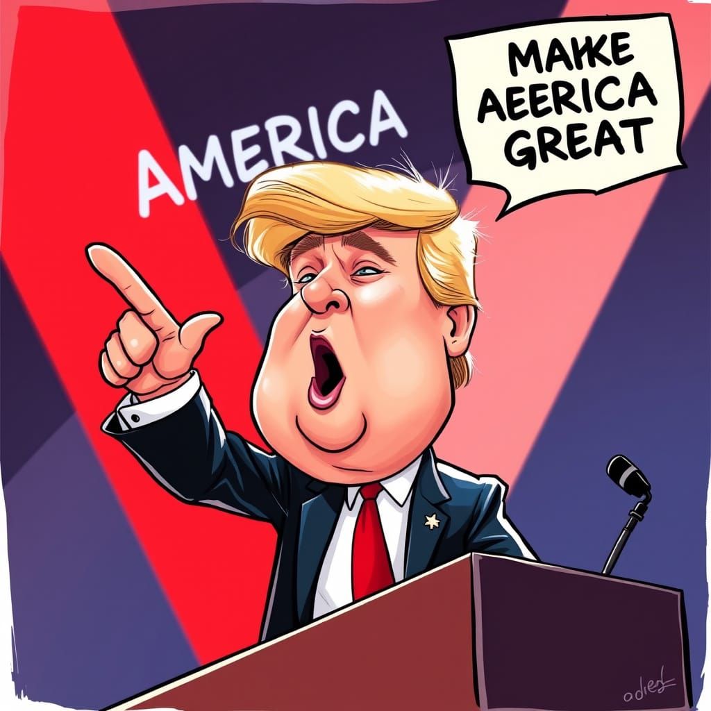 Caricature of Donald Trump on Campaign Stage