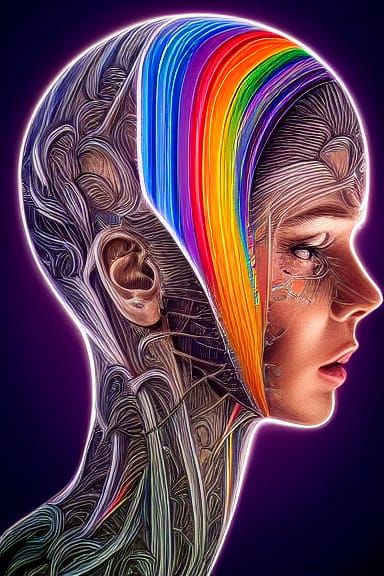 Surreal Open-Head Portrait with Rainbow Puzzle Pieces