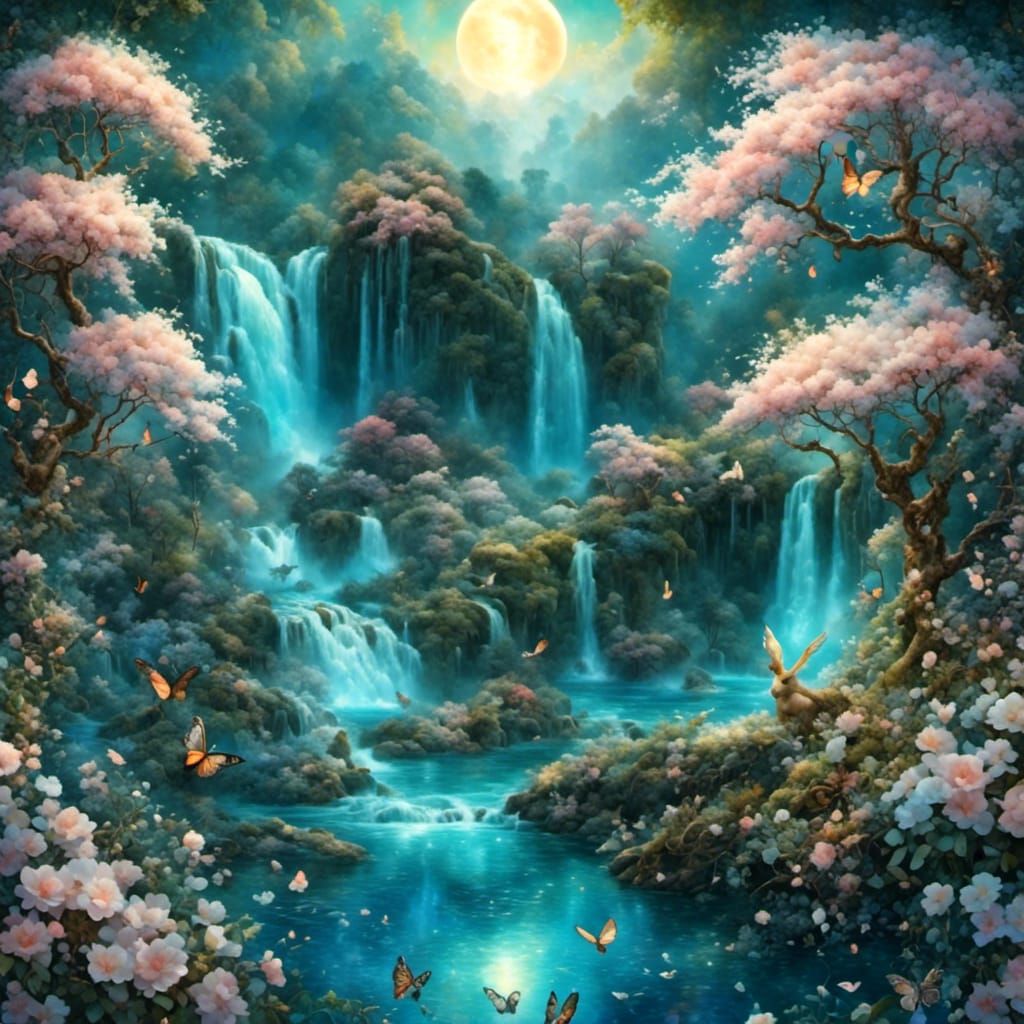 Bioluminescent Waterfall in Lush Midnight Garden