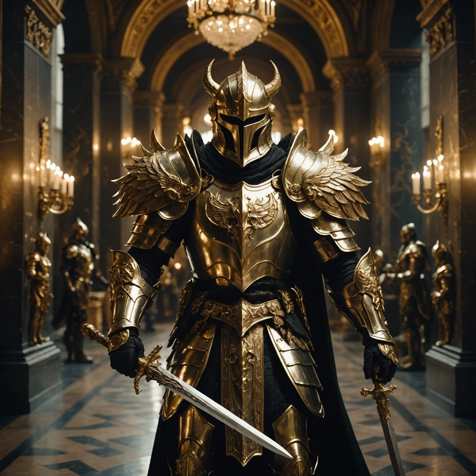 Golden Knight with Fiery Sword in Grand Hallway