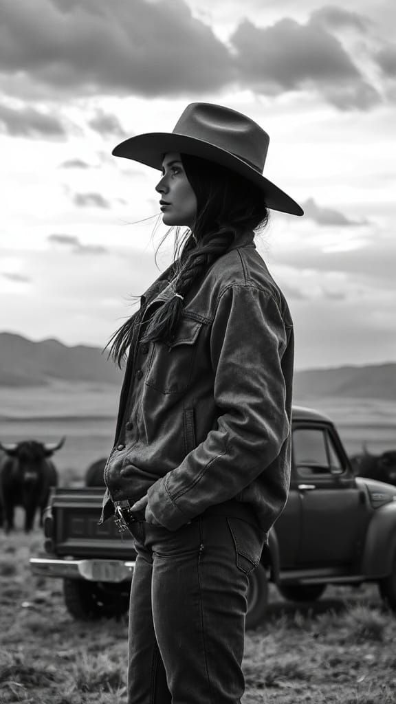 Cowgirl in Windswept Prairie Landscape, Rendered in Hyper-Re...