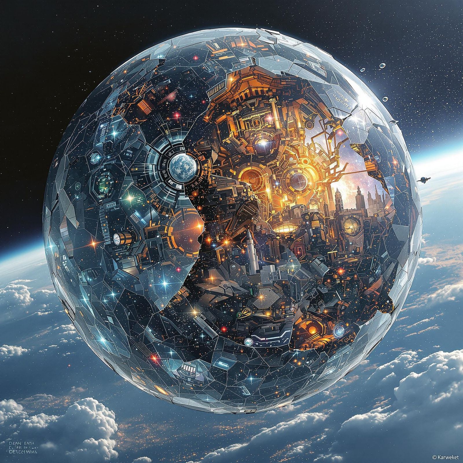 Cybernetic Moon Fragment Orbiting Mechanical Planet