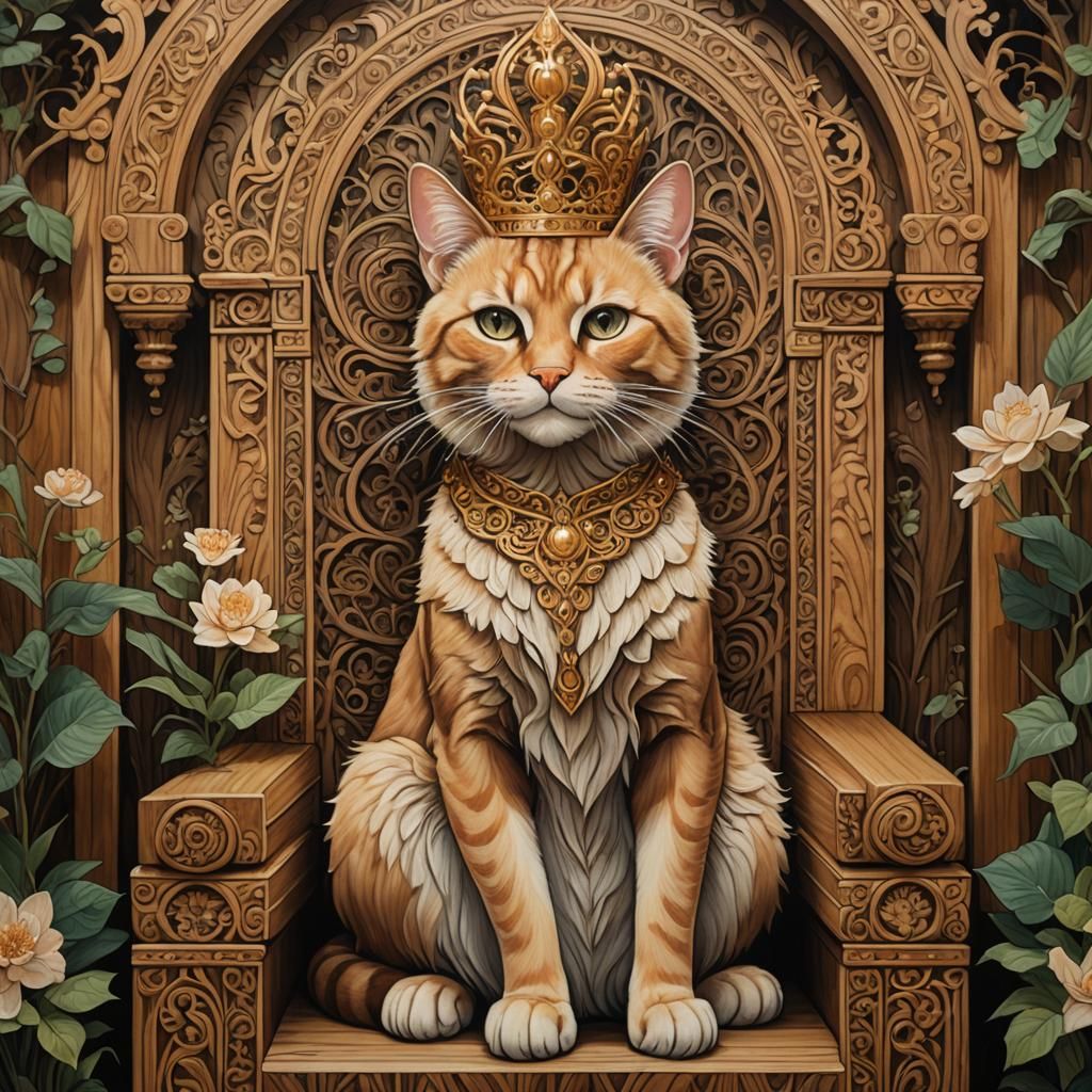 Anthropomorphic Cat King on Throne, Oil Painting