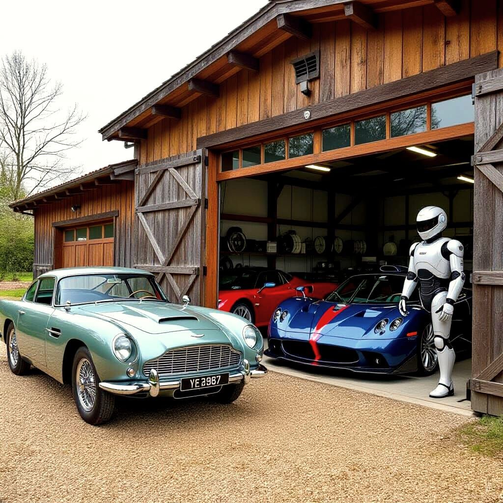 1950s Aston Martin Beside Modern Hypercar in Vintage Garage