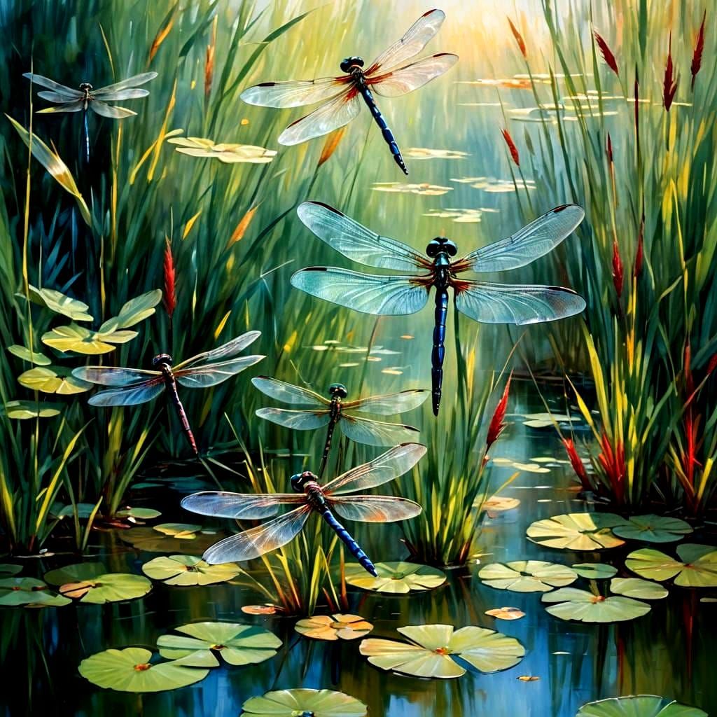 Dragonflies Mating Flight Over Summer Pond