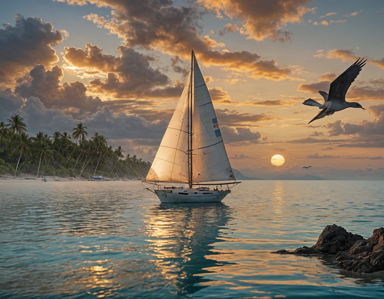 Sailboat at Sunset Near Tropical Island