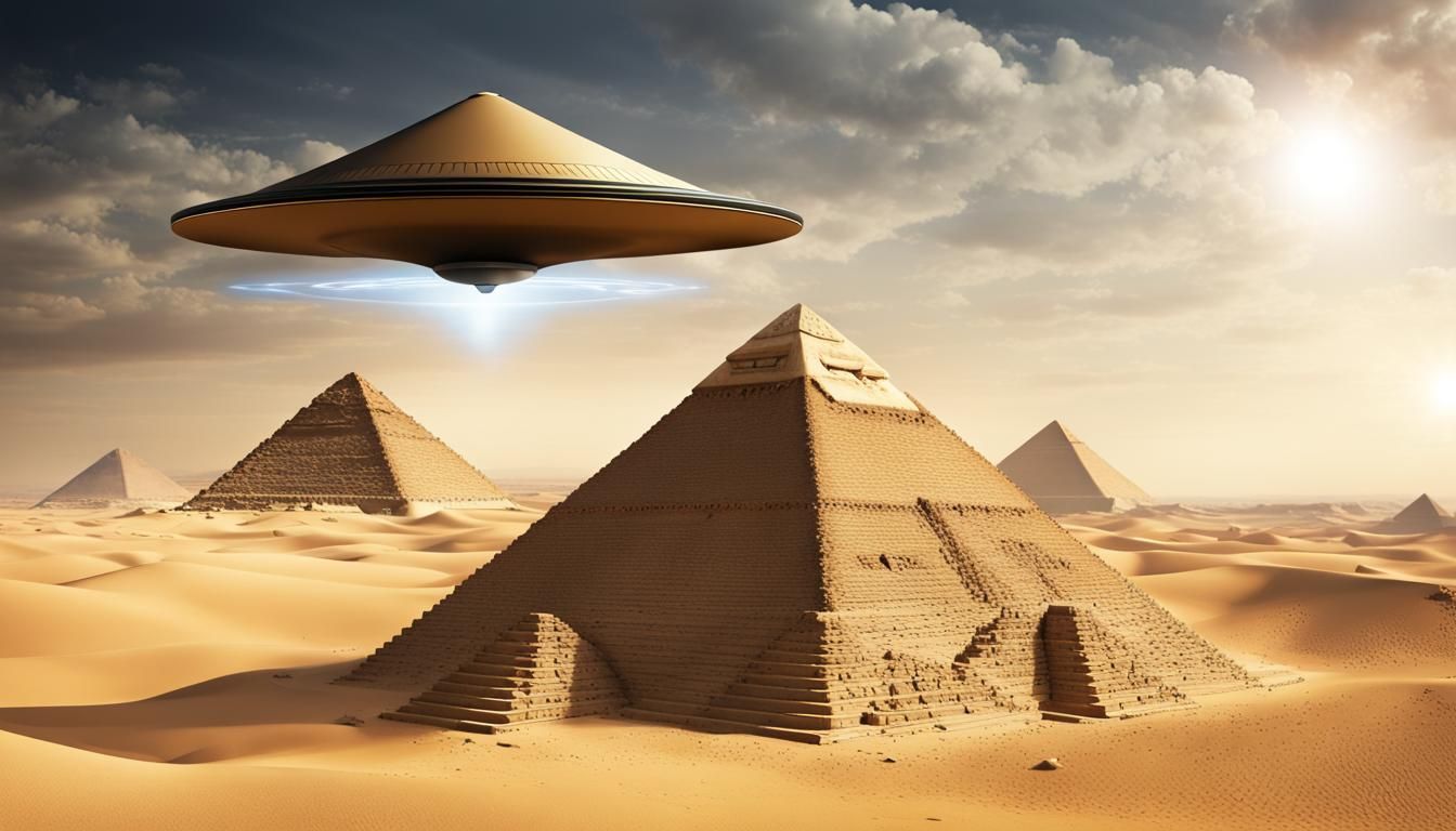 UFO Over Egyptian Pyramid in Desert Landscape