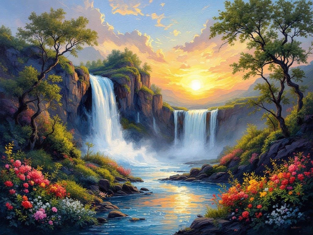 Cascading Waterfall Sunset: Neo-Impressionist Mixed Media