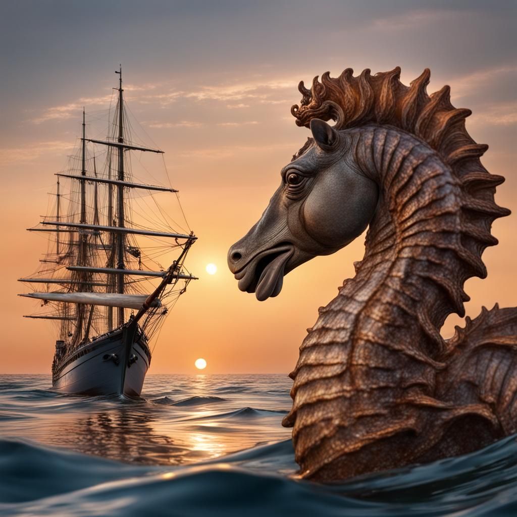 Hippocampus Gazes at Sailing Ship at Sunset