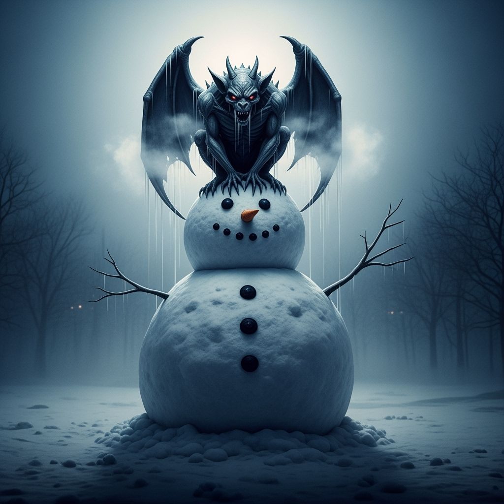 Icy Gothic Gargoyle Perched Atop Snowman, Cinematic Film Sti...