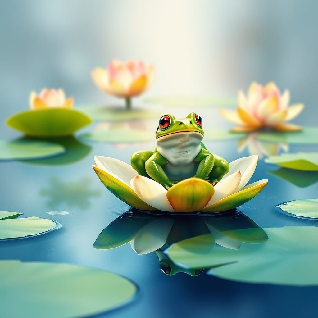 Watercolor Frog on Lotus in Calm Pond