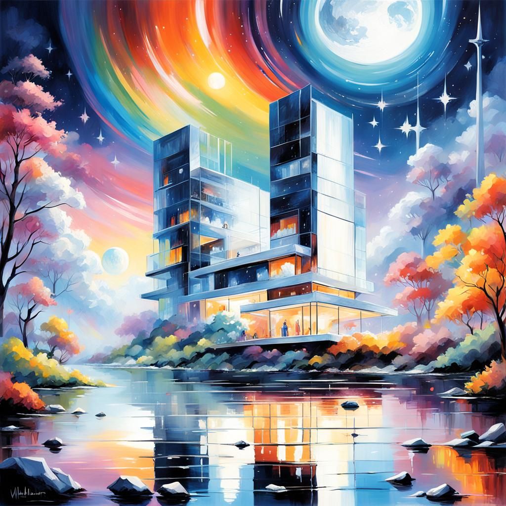 Colorful Futuristic Night Landscape in Watercolor Style