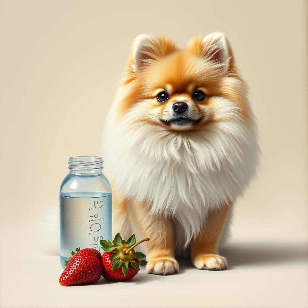 Realistic Pomeranian with Strawberry and Water Bottle