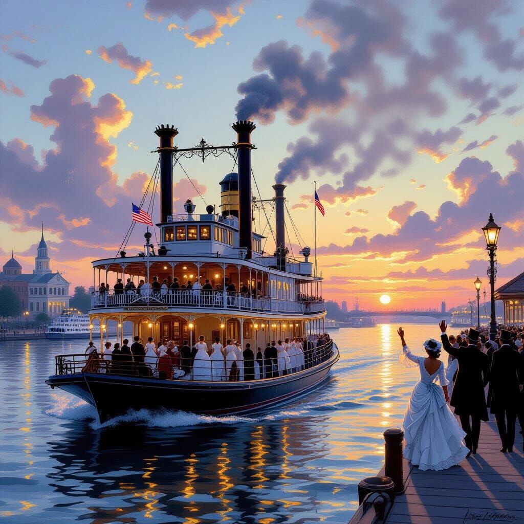 Mississippi Steamboat Arrival at Sunset: Impressionistic Sty...