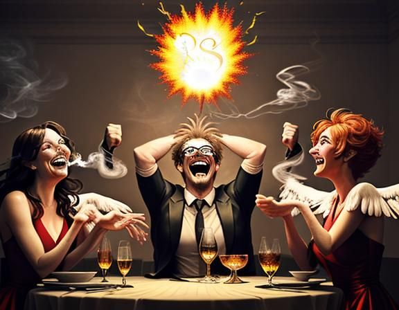 Bathed in warm spotlight, a comedic phoenix explodes mid-jok...