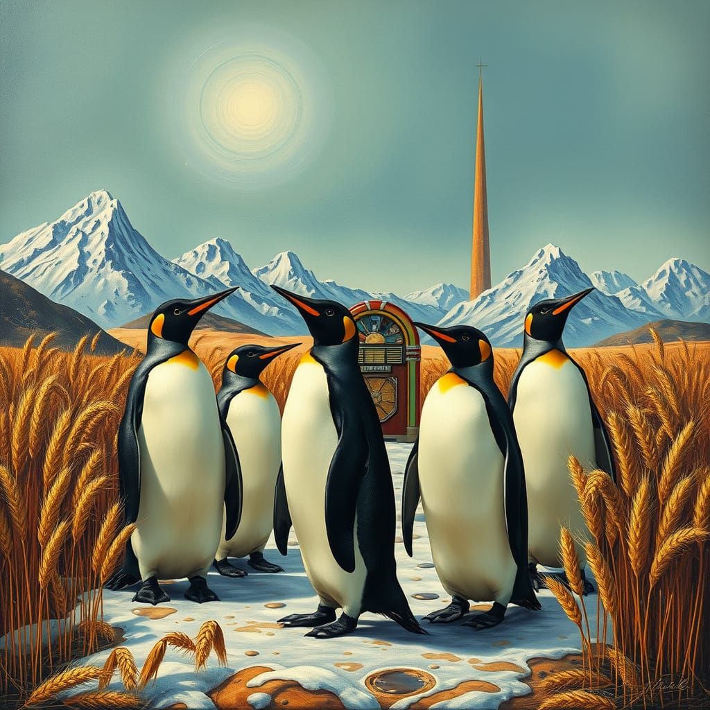 Surreal Penguins in Wheat Field, Dali-esque Landscape