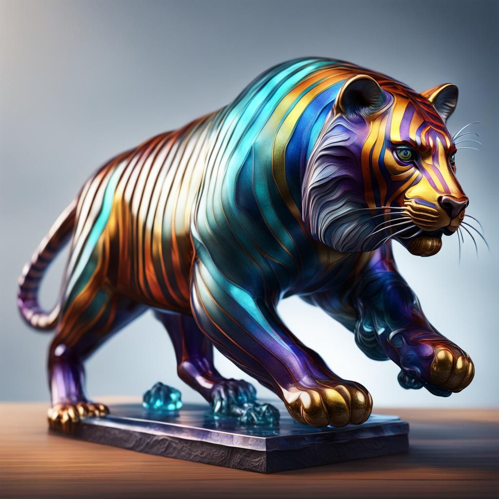 Colorful Glass Tiger Figurine: Detailed Matte Painting