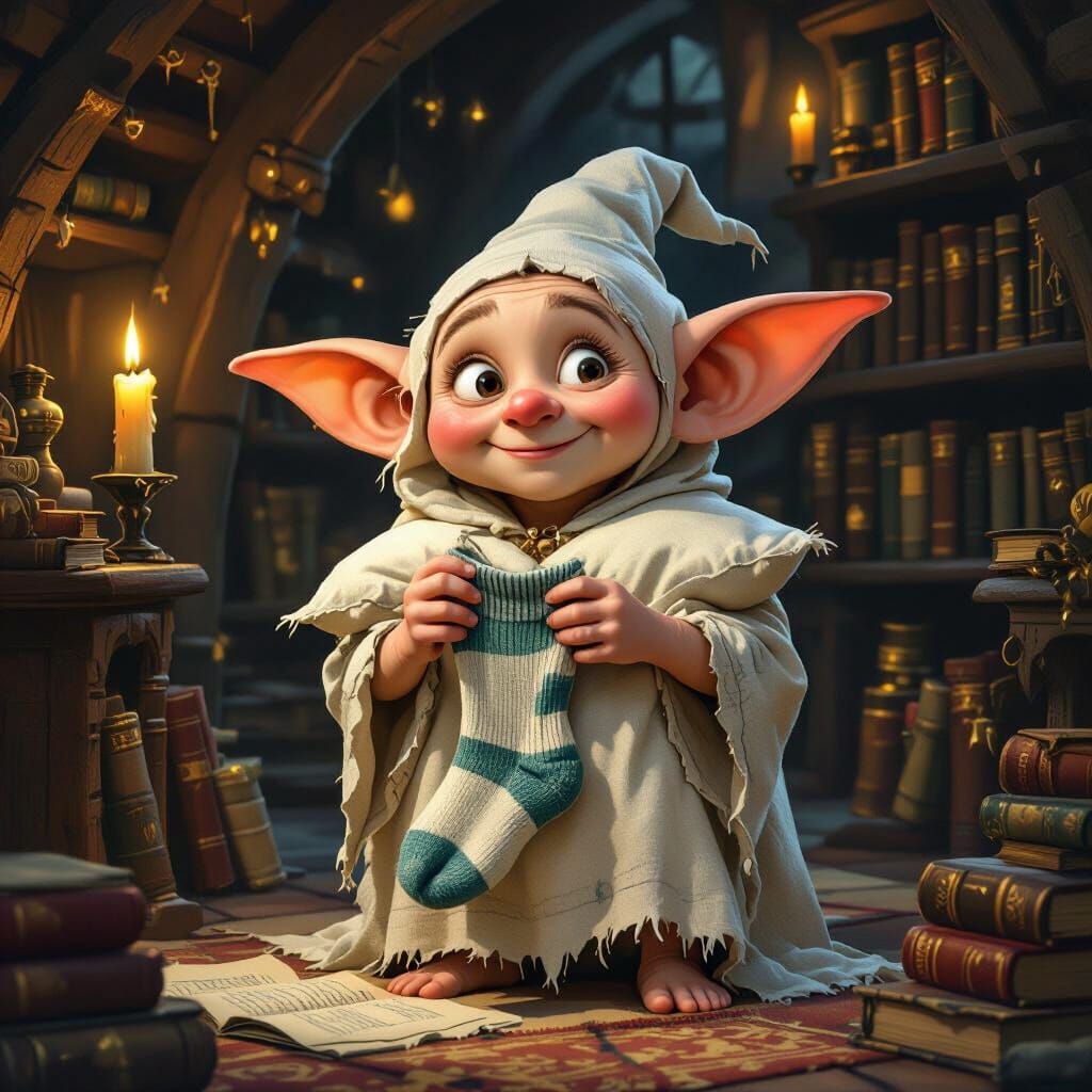 Whimsical House-Elf Joyfully Holds Sock