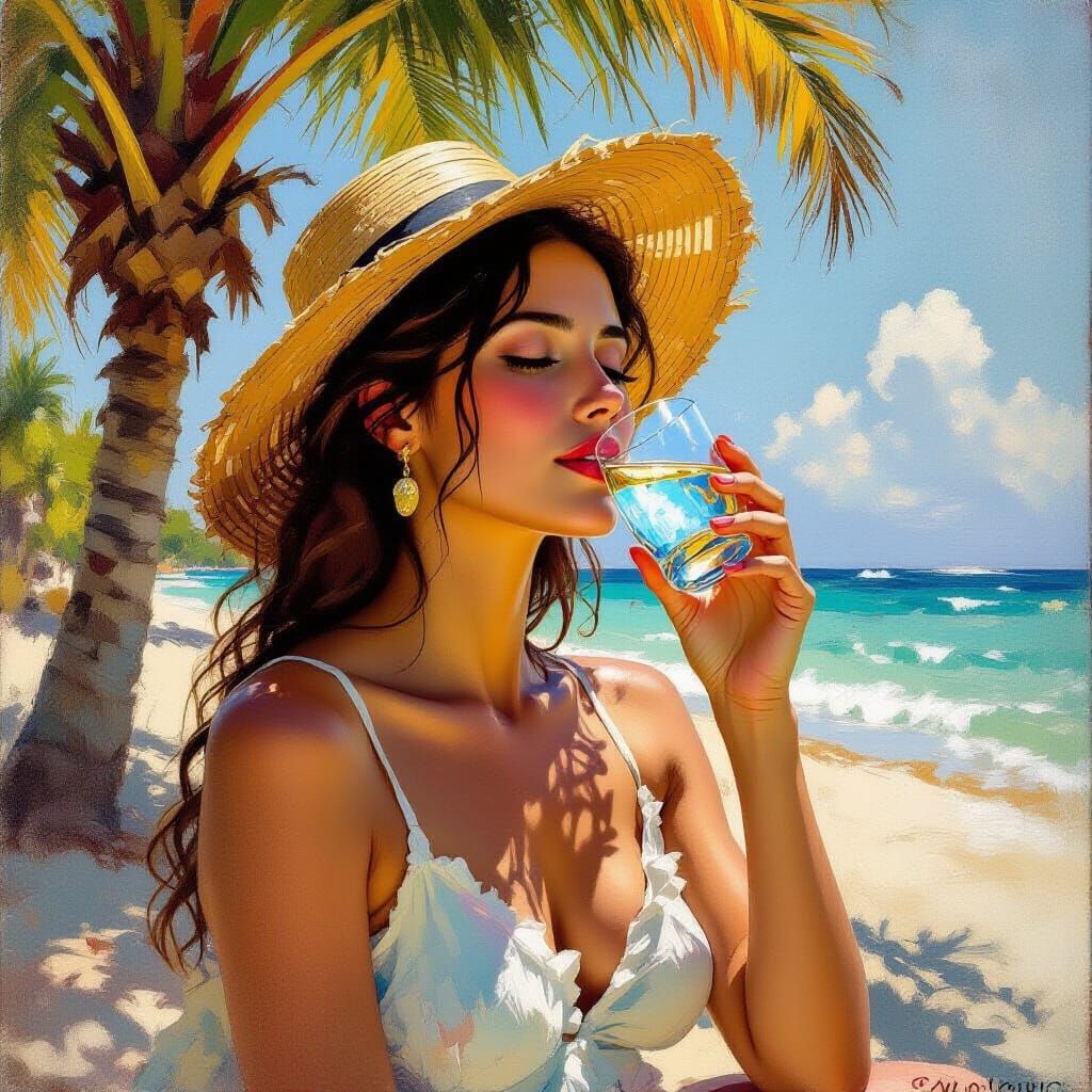 Woman Drinking Water on Sunny Day: Impressionistic Style