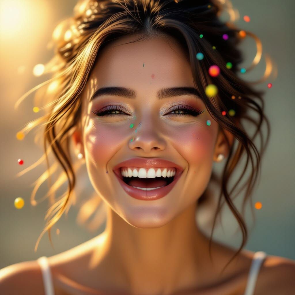 Joyful Woman Amidst Falling Paint Drops, Photorealistic