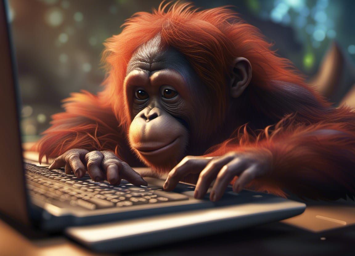 Orangutan Typing on Laptop: Fantasy Concept Art