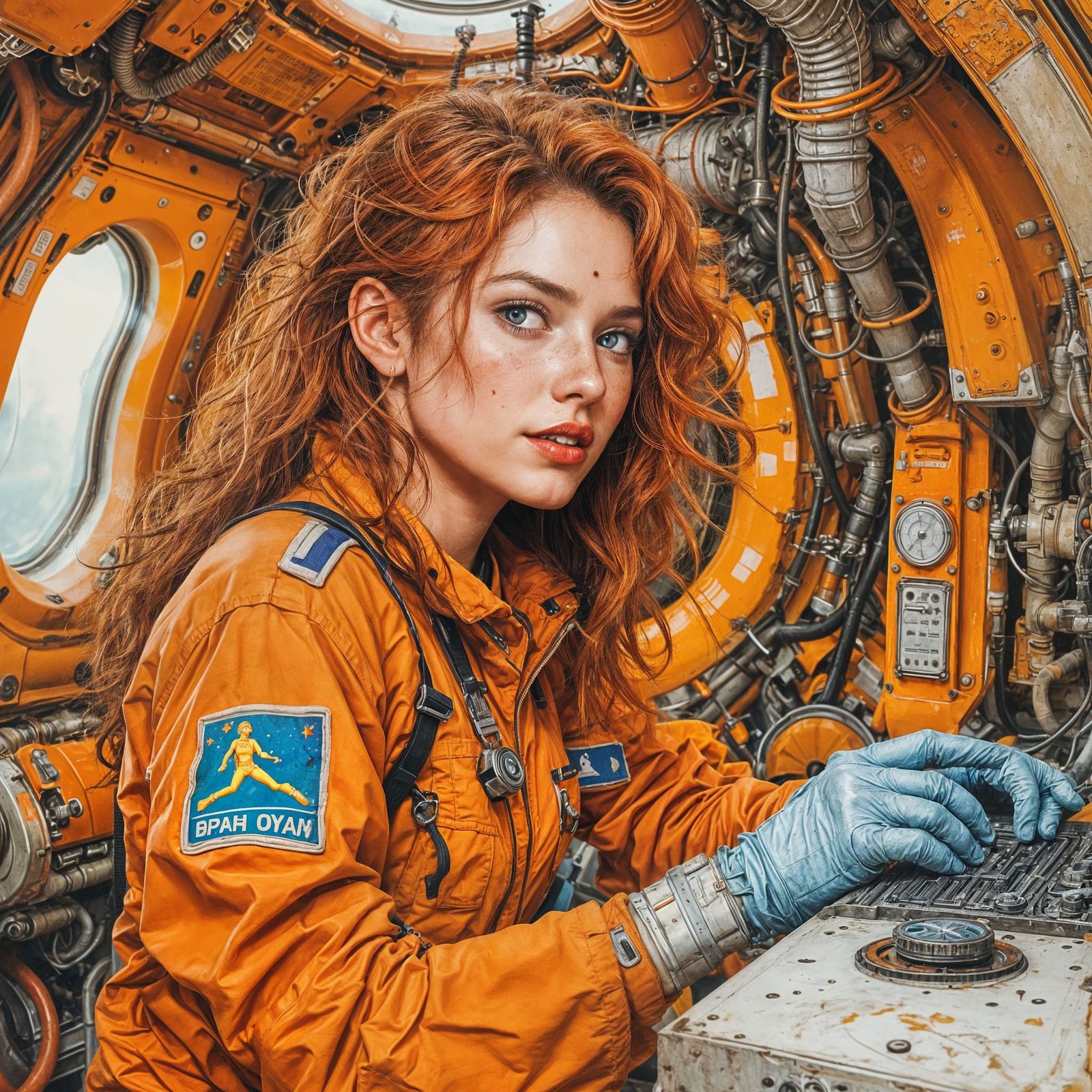 Female Mechanic in Orange Spacecraft Engine Room