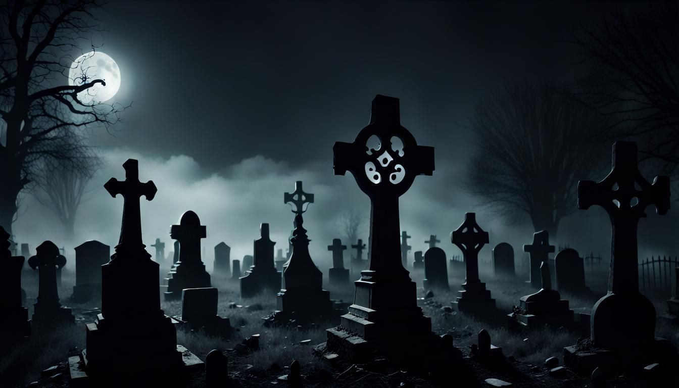 Eerie Abandoned Graveyard Under a Full Moon