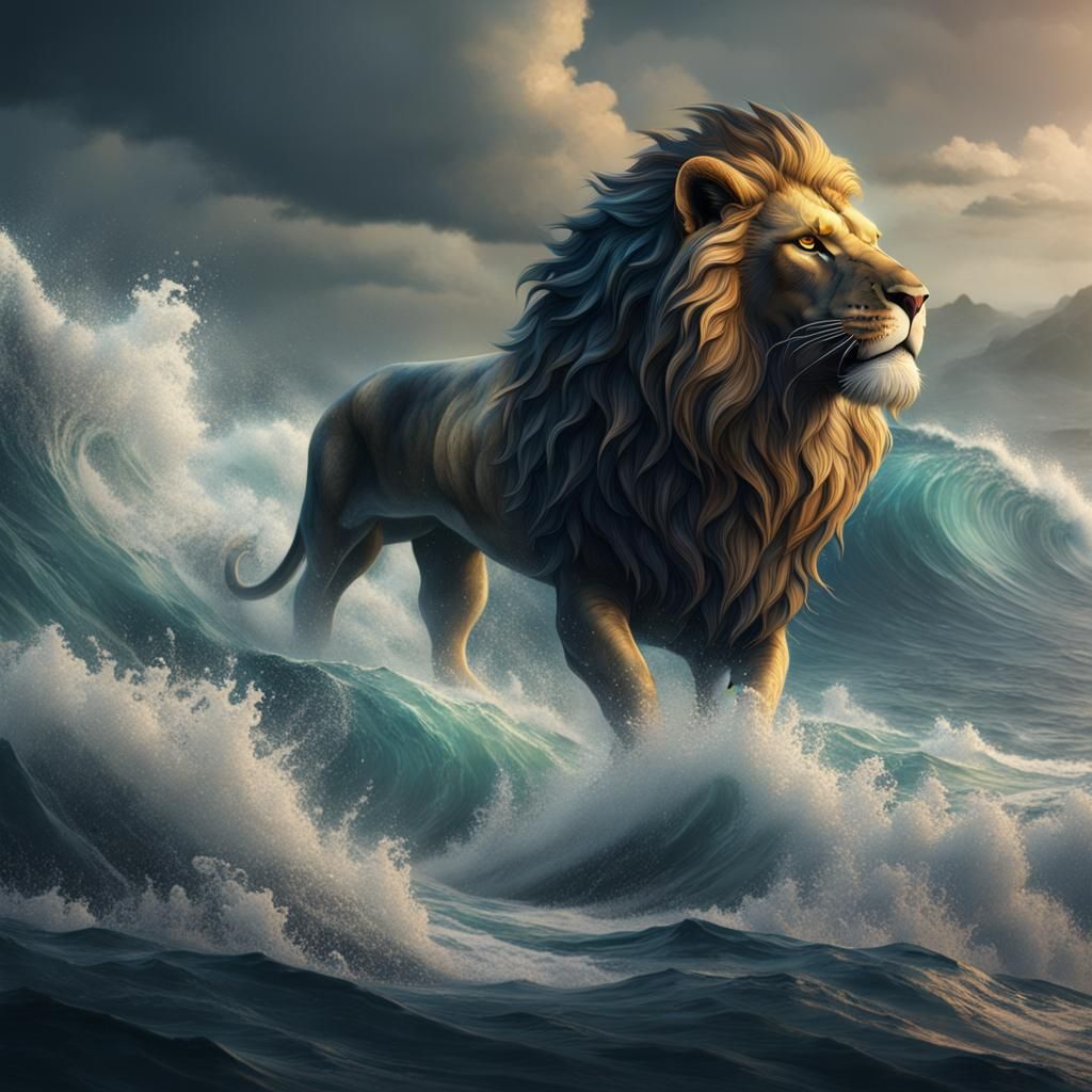 Majestic Lion Roars Amidst Wild Ocean Waves