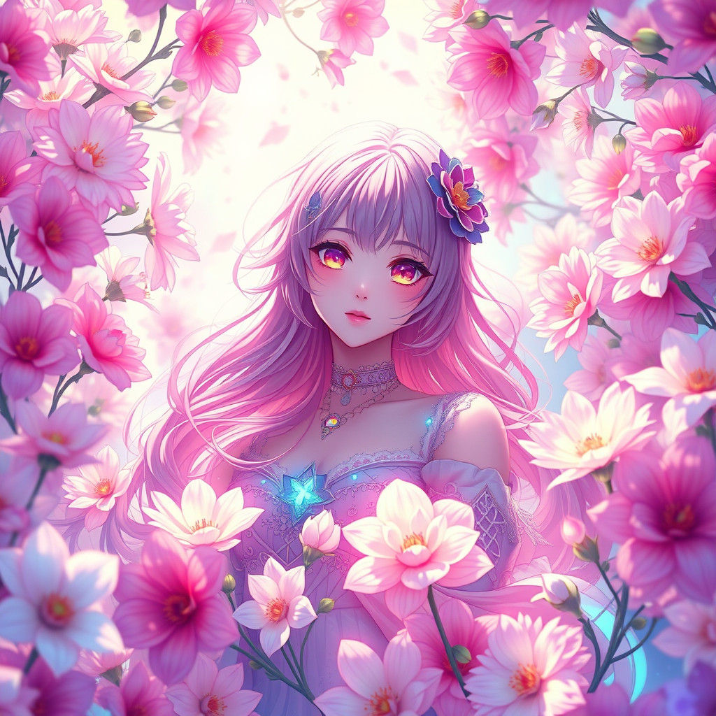 Anime Girl Surrounded by Iridescent Flowers