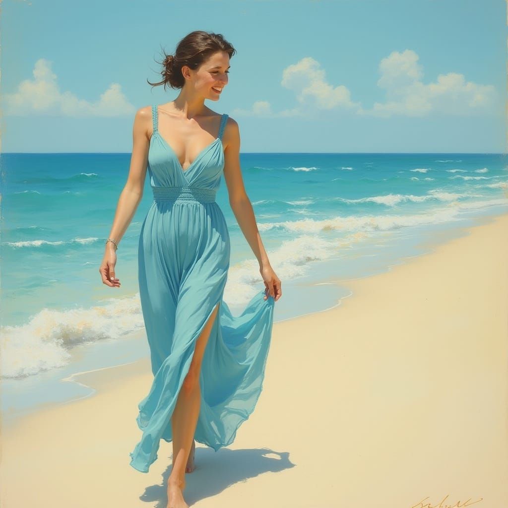 Elegant Woman on Beach in Hyperrealistic Oil Painting