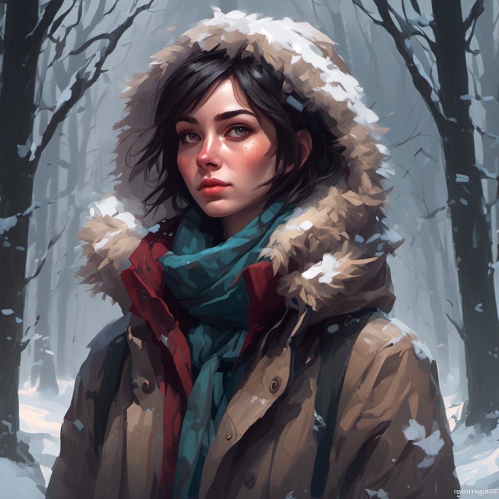 Brunette Woman in Snowy Forest, Digital Art