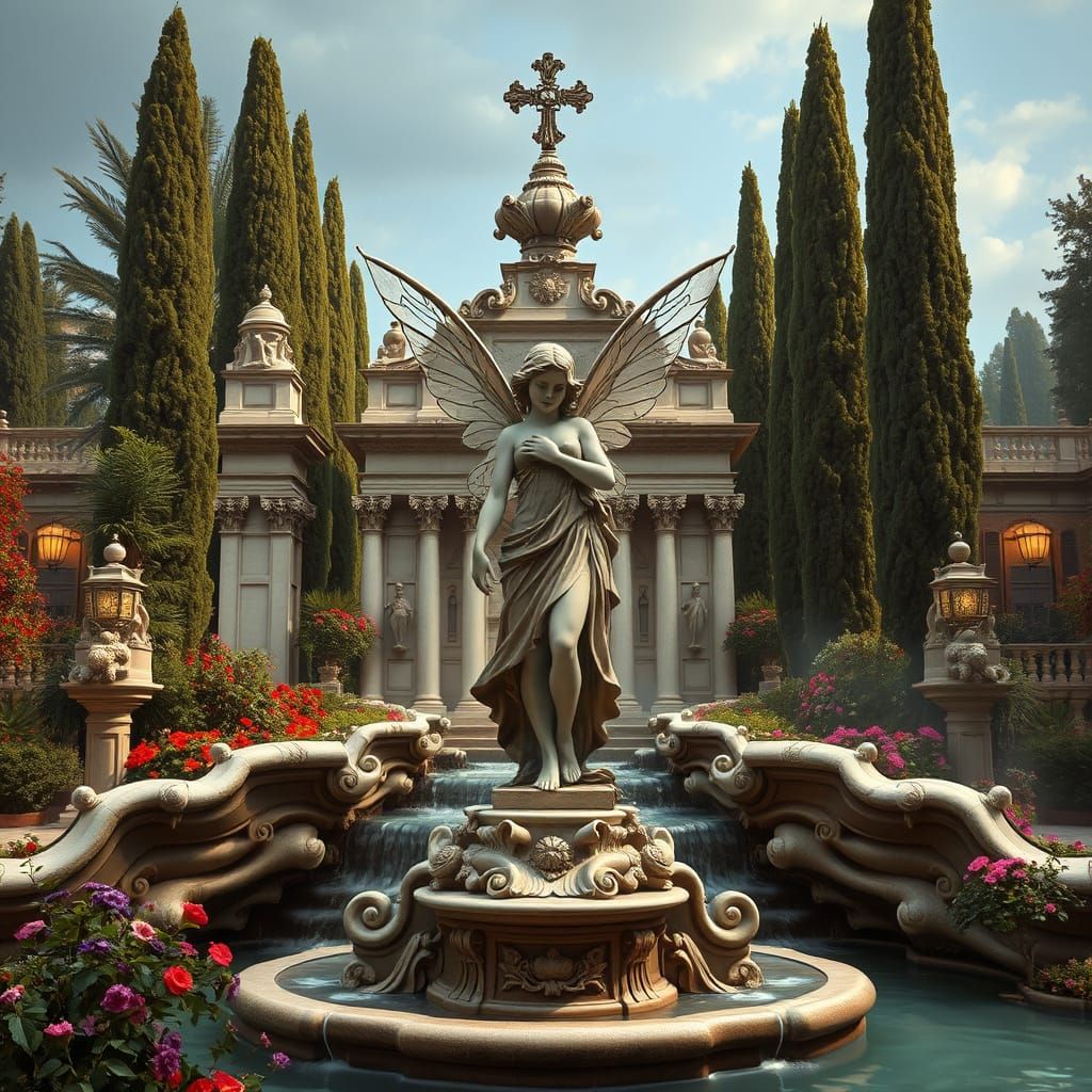 Baroque Fountain with Fairy Statue in Italian Garden