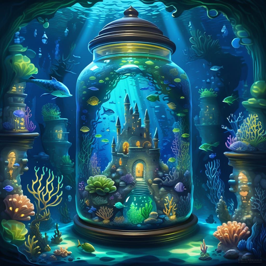 Underwater Kingdom Hidden in Glass Jar: Oil Painting