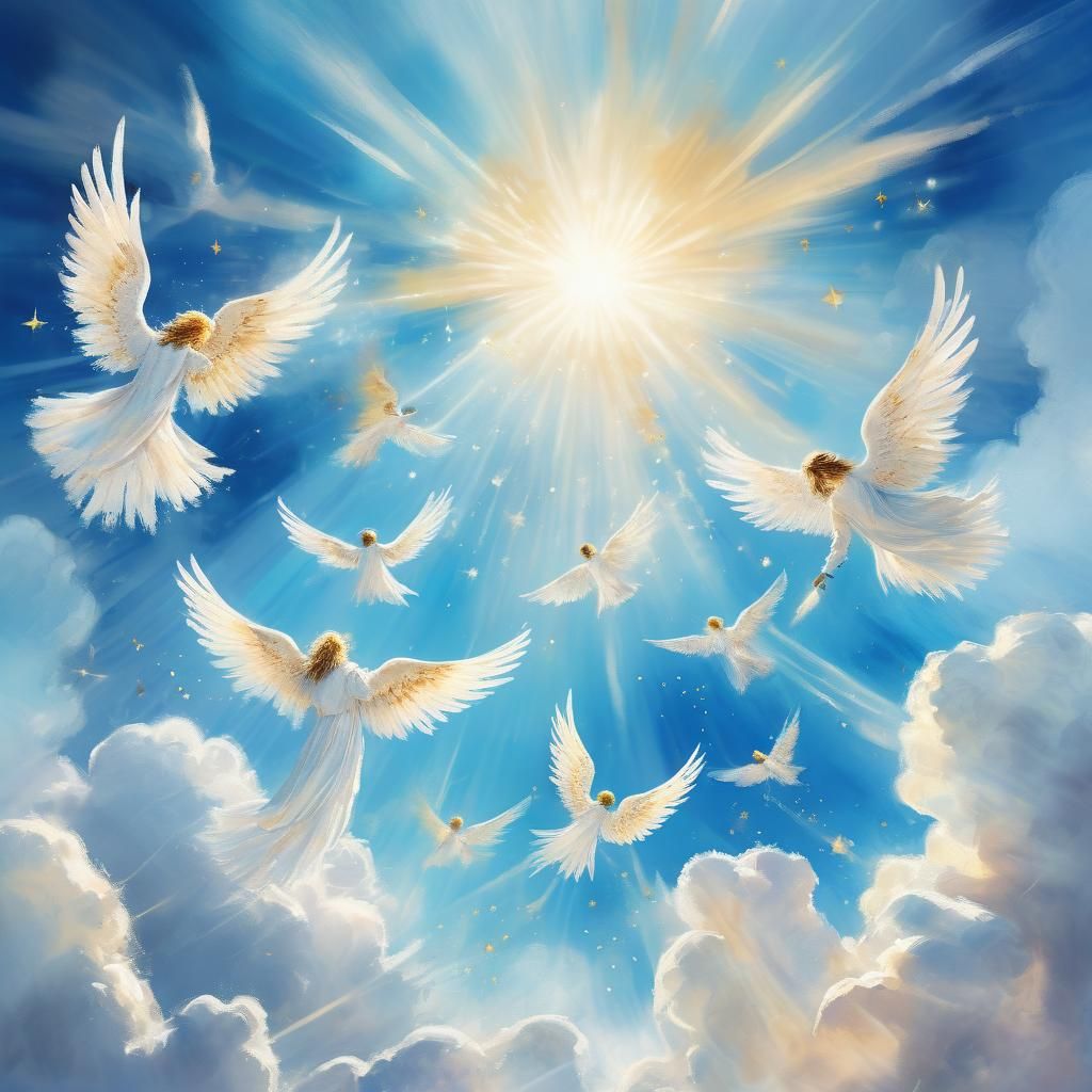Celestial Surrealism: Angels Descending in Watercolor Style