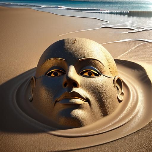 surrealism. close-up. figure's face buried in sand with only the eyes visible, the rest slowly sinking into the dunes. m...