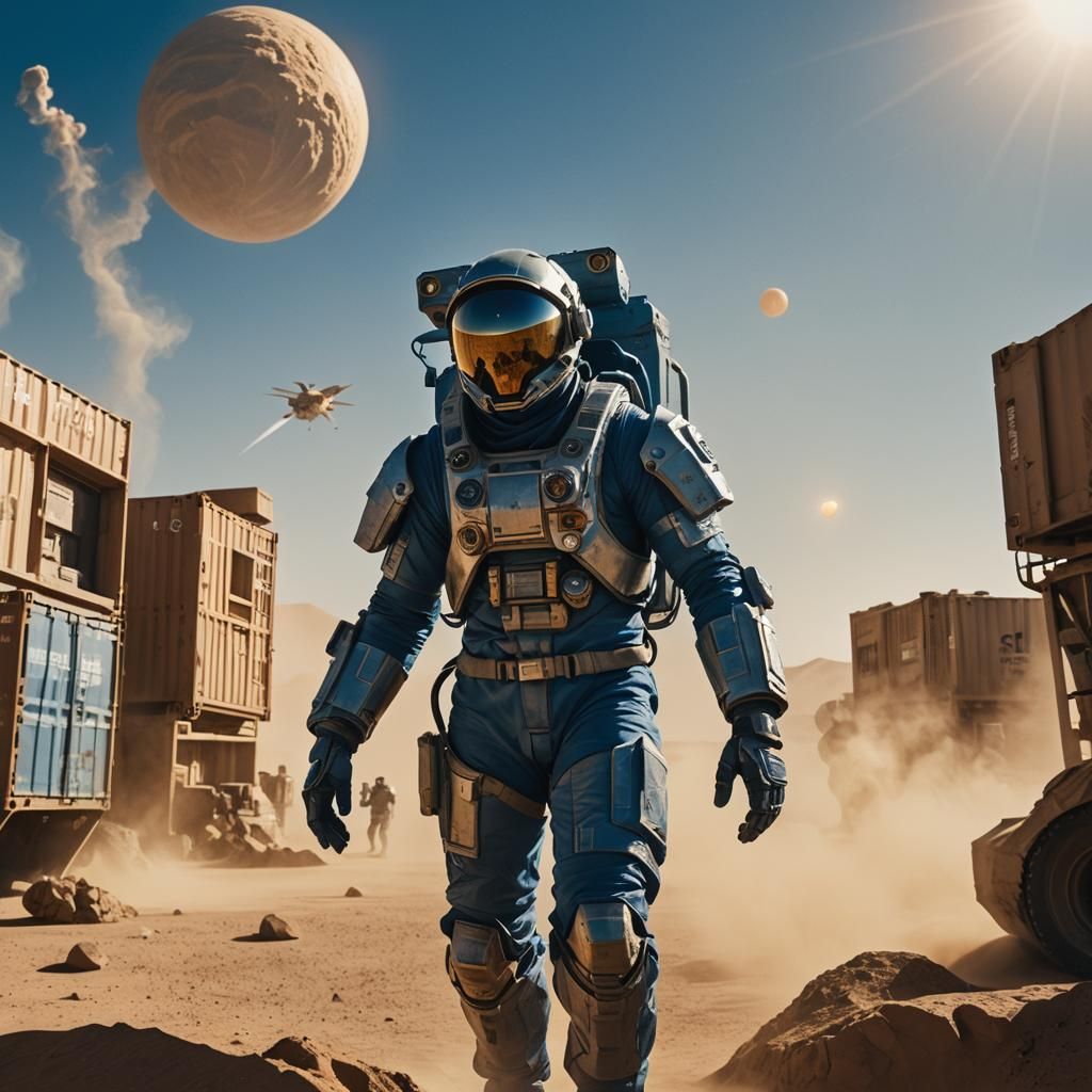 A Man in a armored flight suit, shuttle, sci-fi metal cargo containers, desert, epic dust storm, hot, giant bright blue ...