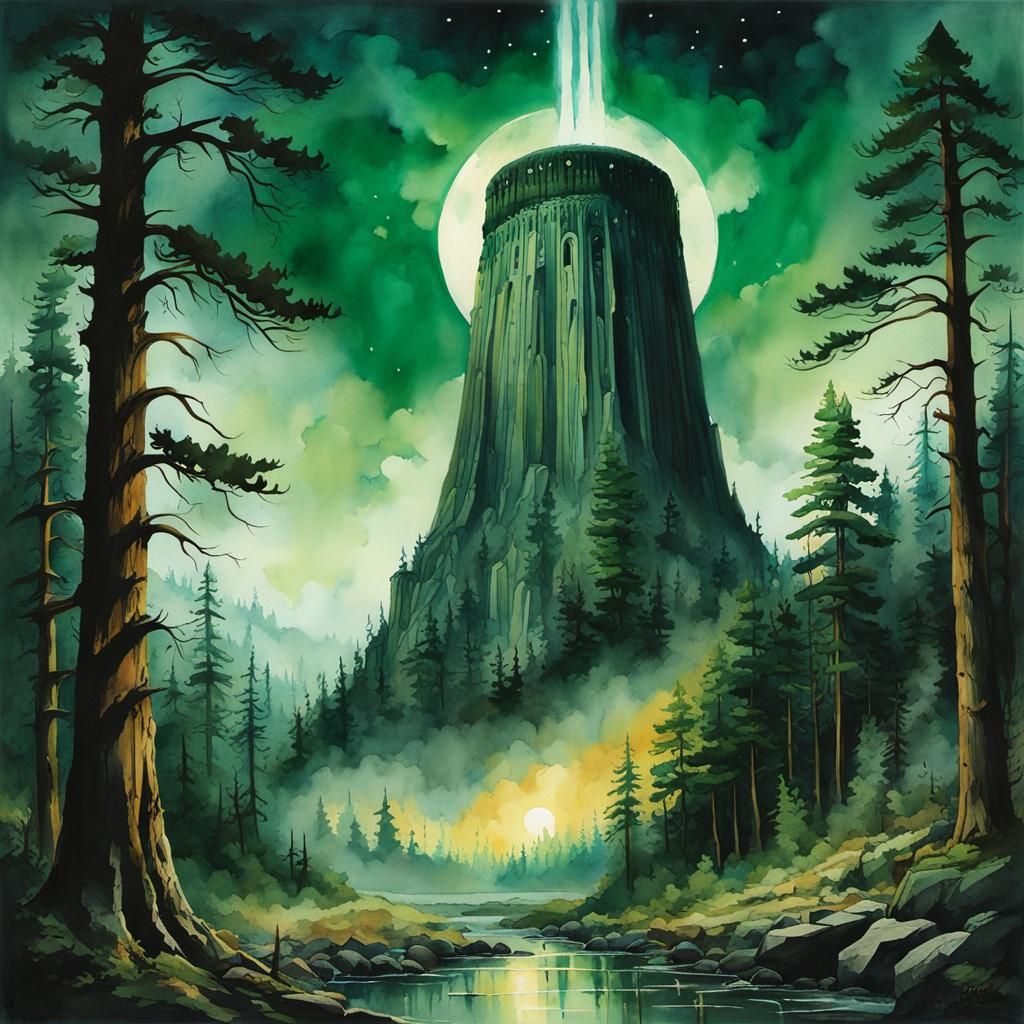 Devil's Tower in Watercolor Pine Forest
