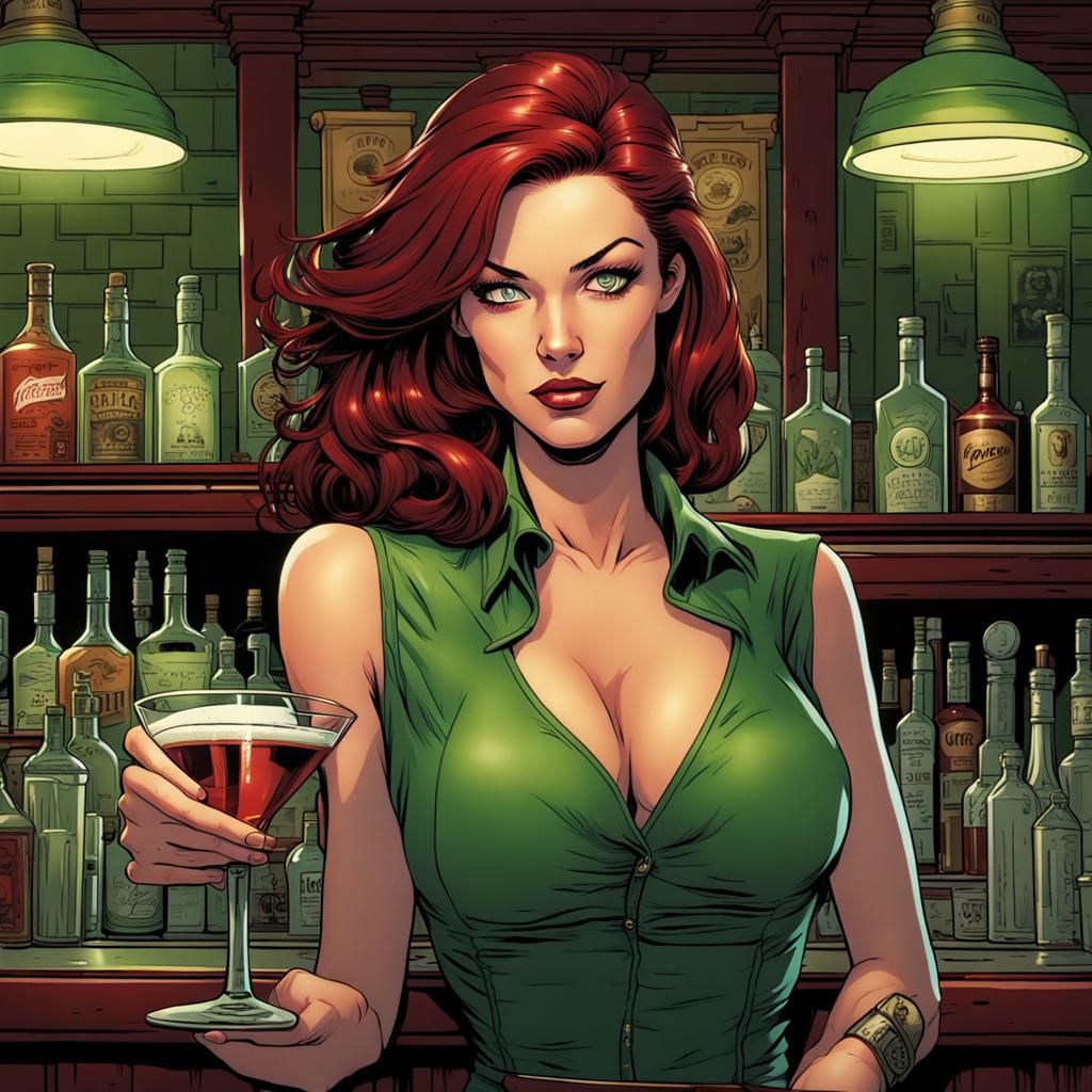 Comic Book Style Bartender with Red Hair