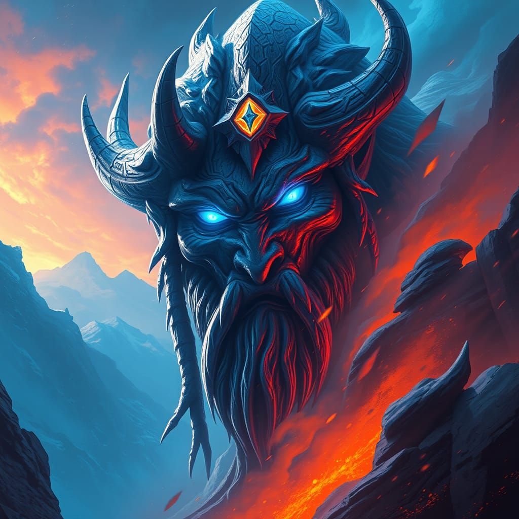 Mystical Warrior with Ice Eyes in Fantasy Landscape