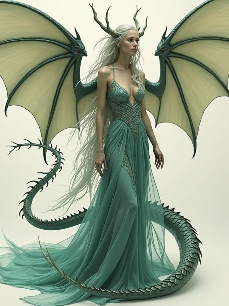 Grey Skinned Goddess with Dragon Wings and Elegant Tail