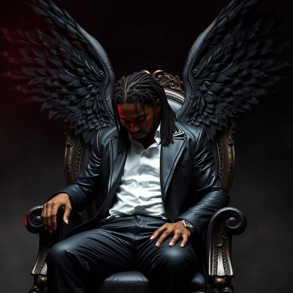 Majestic Black Angel Sits in Contemplation