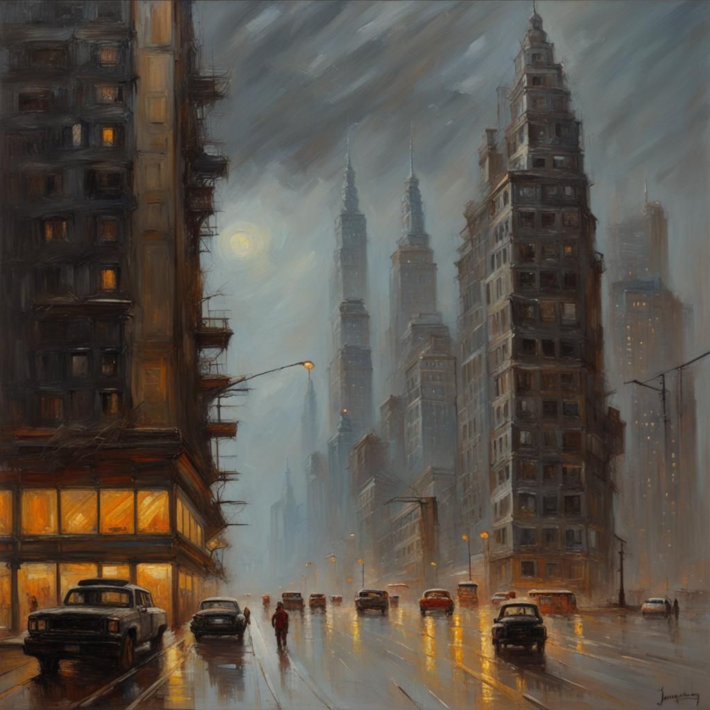Skyscrapers in Smoke Colored Storm, Oil Painting