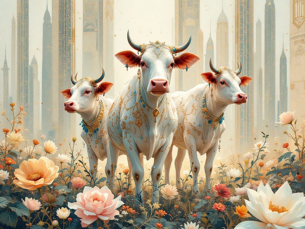 Fantasy Cows in Cityscape: Ukiyo-e Watercolor Fusion