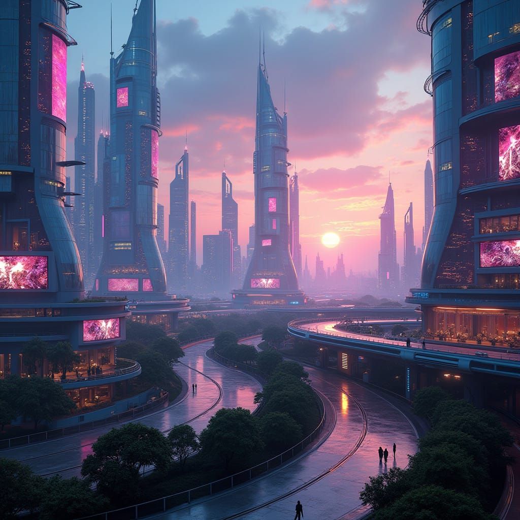 Sleek Futuristic Cityscape with Glowing Neon Lights and Holo...