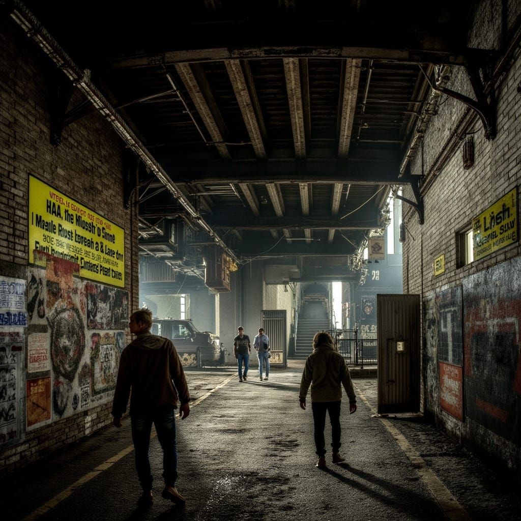 Urban Explorers in Abandoned Subway: Gritty Digital Art
