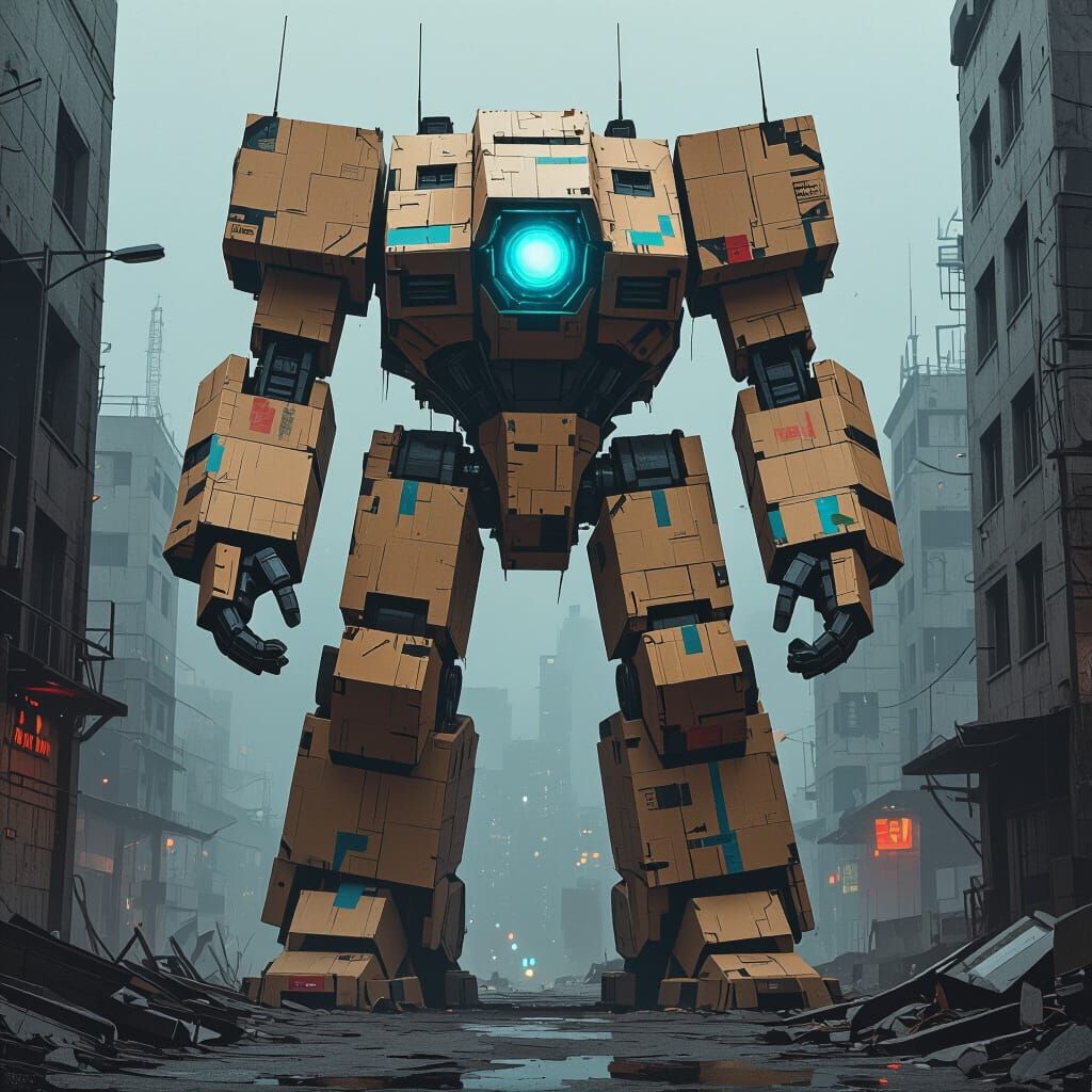 Colossal Cardboard Mech in Post-Apocalyptic City
